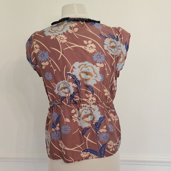 Odille Floral Print Silk Top With Ruffle Trim & Cap Sleeves Size 6 - Picture 6 of 7
